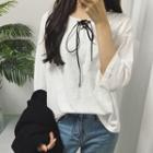 Plain Loose-fit Lace-up 3/4-sleeve Top