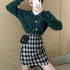 Cable-knit Cardigan / Plaid A-line Skirt