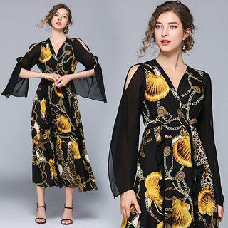 Long-sleeve Cold Shoulder Patterned A-line Midi Dress
