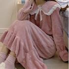 Bell-sleeve Collared Fleece Midi Sleep Dress Pink - One Size