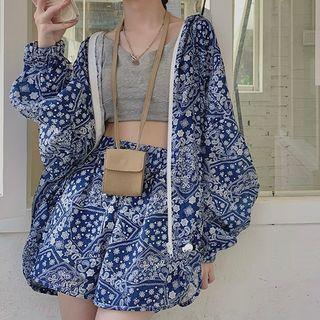 Set: Patterned Zip Jacket + Shorts Set - Jacket - Blue & White - One Size / Shorts - Blue & White - One Size