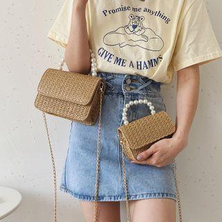 Chain Faux Pearl Top Handle Woven Crossbody Bag