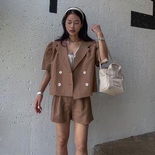 Set: Short-sleeve Double-breasted Blazer + Shorts Set - Coffee - One Size