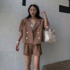 Set: Short-sleeve Double-breasted Blazer + Shorts Set - Coffee - One Size