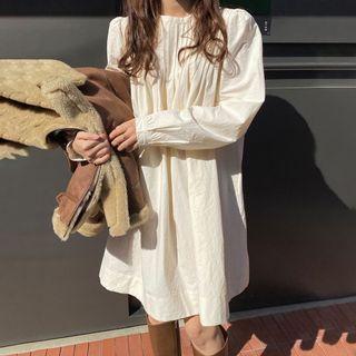 Lantern-sleeve Plain Pleated Dress Almond - One Size