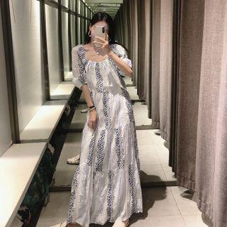 Embroidered Elbow-sleeve Maxi A-line Dress
