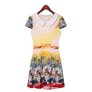 Short-sleeve Print Tie Waist Dress