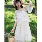 Set: Flower Embroidered Elbow Sleeve Mesh Top + Lace Slipdress