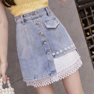 Mesh Panel Layered Denim Skirt