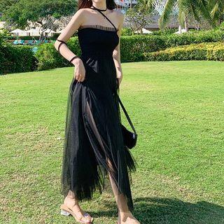 Strapless Mesh Slit A-line Dress