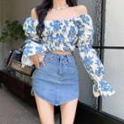 Off-shoulder Floral Cropped Blouse / Denim Mini Pencil Skirt