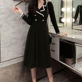 Notch Lapel Mesh Overlay Maxi A-line Knit Dress