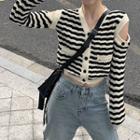 Cold-shoulder Striped Cardigan Black & Almond - One Size