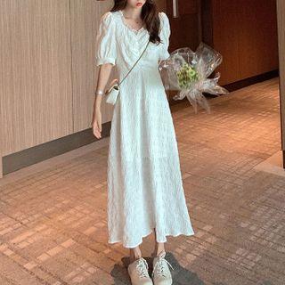 Short-sleeve V-neck Frill Trim Midi A-line Dress