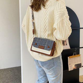 Print Strap Plaid Panel Flap Crossbody Bag