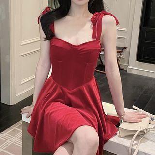 Tie-strap Velvet A-line Dress