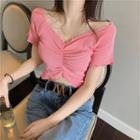 Shirred-front Lettuce Edge Short-sleeve Knit Top Pink - One Size