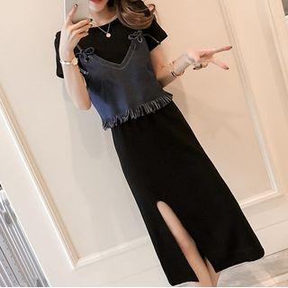 Set: Short-sleeve Slit Midi Dress + Spaghetti Strap Denim Top