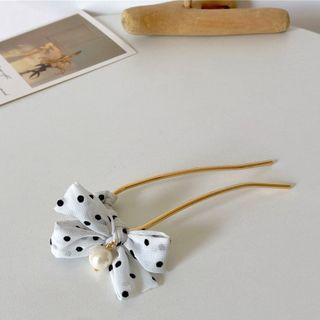 Dotted Bow Hair Fork Black Dots - White - One Size