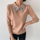 Embroidered-collared Knit Top