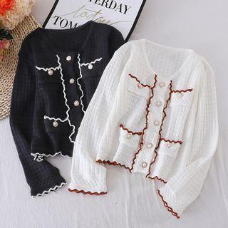 Round-neck Contrast Trim Pointelle-knit Jacket