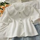 Embossed Rhinestone-collar Crop Shirt White - One Size