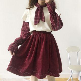 Mock Two-piece Plaid Panel Pullover / Cropped Wide-leg Pants / Mini A-line Skirt