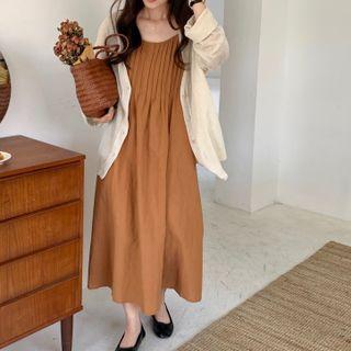 Long-sleeve Cardigan / Plain Smocked Spaghetti-strap Dress