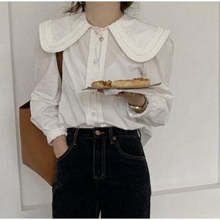 Long-sleeve Peter Pan Collar Pleated Trim Plain Loose Fit Blouse