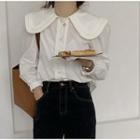 Long-sleeve Peter Pan Collar Pleated Trim Plain Loose Fit Blouse