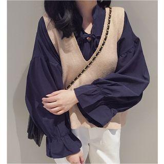 Knit Vest / Puff Sleeve Blouse / Long-sleeve Shirt Dress
