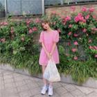 Puff-sleeved Mesh Dress Rose Pink - One Size