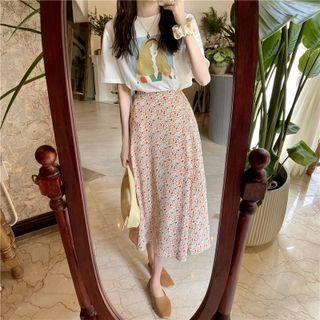 Short-sleeve Print T-shirt / Floral Print Midi Skirt