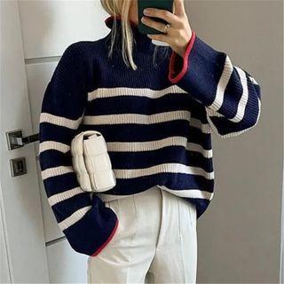 Mock-neck Striped Contrast Trim Knit Sweater