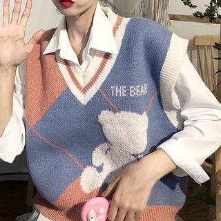 Bear Print Color Block Sweater Vest / Long-sleeve Shirt