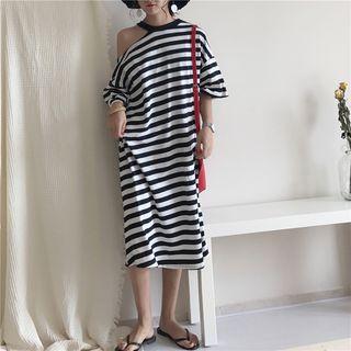 Elbow-sleeve Shoulder Cut Out Midi T-shirt Dress