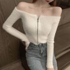 Off-shoulder Zip Furry Cropped Knit Top
