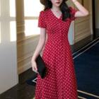 Short-sleeve Dotted Midi A-line Dress Red - One Size