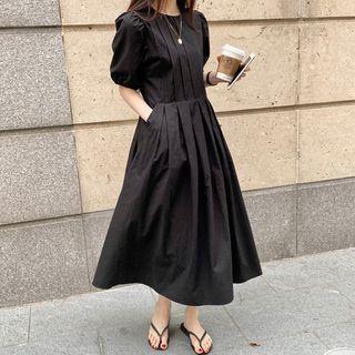 Elbow-sleeve Plain Midi A-line Dress