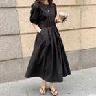 Elbow-sleeve Plain Midi A-line Dress
