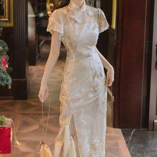 Short-sleeve Slit Midi Lace Dress