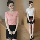 Set: Short Sleeve Lace Top + Perforated Mini Skirt