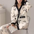 Loungewear Set : Contrast Trim Long-sleeve Butterfly Print Shirt + Pants