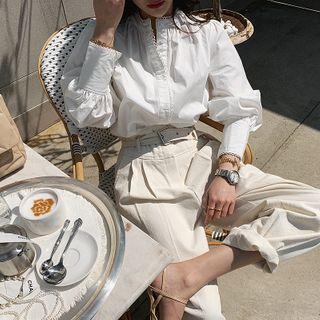 Mandarin-collar Scalloped Shirt Ivory - One Size