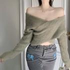 Off Shoulder Wrapped Fluffy Sweater