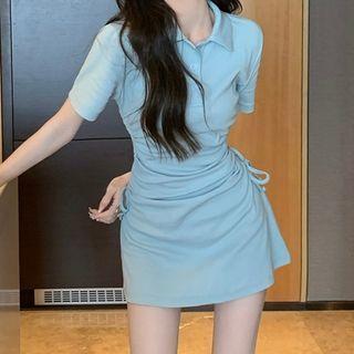 Short-sleeve Drawstring Mini Polo Shirt Dress
