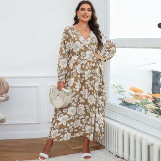 Plus Size Long-sleeve Floral Midi Smock Dress