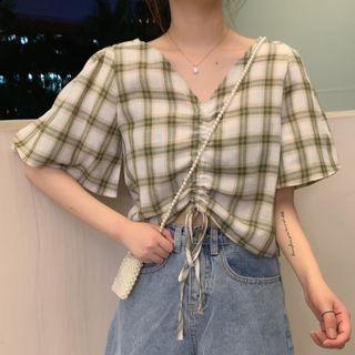 Short-sleeve Drawstring Plaid Top