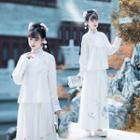 Embroidered Hanfu Top / Maxi Skirt / Fluffy Trim Cape / Set