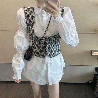 Set: Puff-sleeve Shirt + Patterned Vest